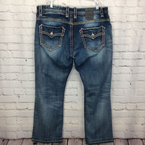 Rock Revival Blue Jeans Men's 44 x 29.5 "Steven Straight" Pockets Leather Patch - Picture 7 of 7